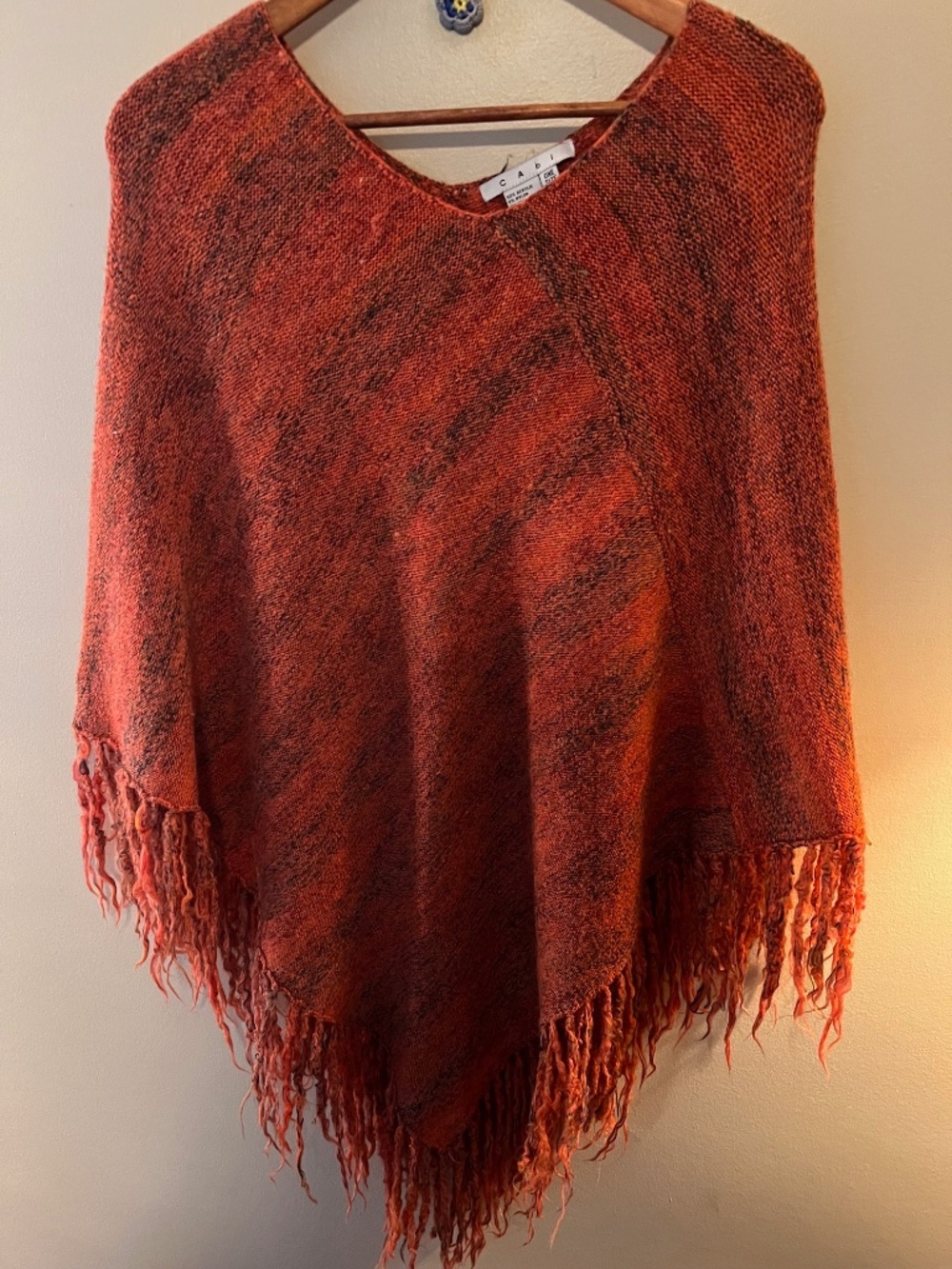 Cabi Orange/Black Blended Knit Fringe Sweater Poncho--One Size